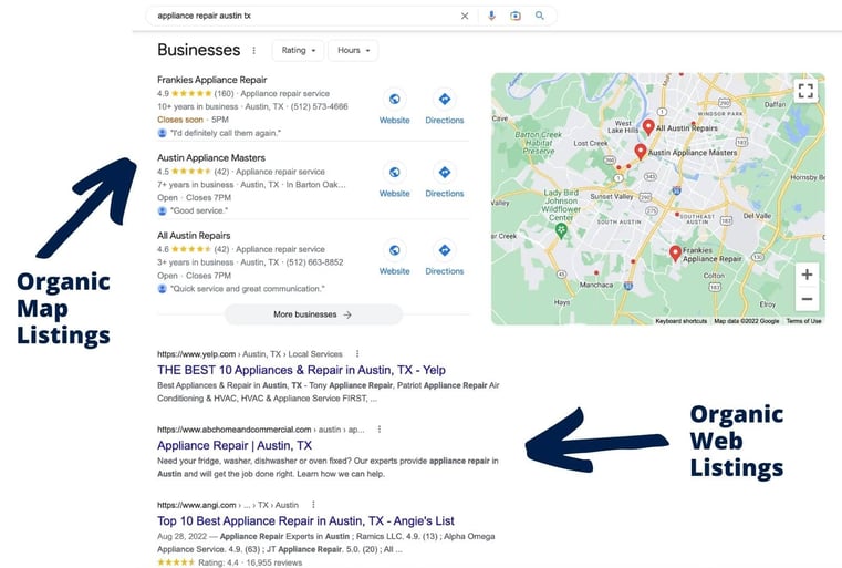 Appliance Repair Organic Search Result Listings