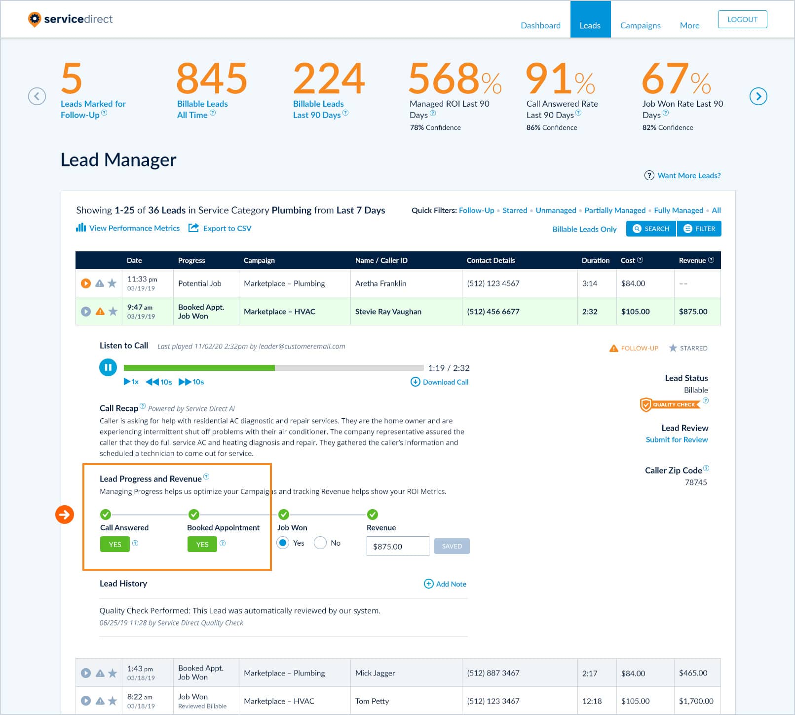 Screenshot of dashboard with box outlining where to see call data for lead progress
