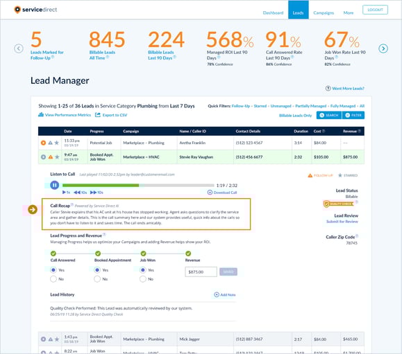Screenshot of Call Recap working in mySD lead manager dashboard