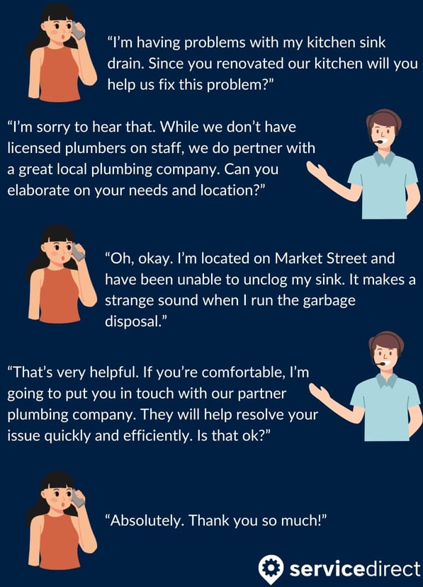 A conversation between a customer and a business representative showing how a plumbing business might receive a referral from a business partner.