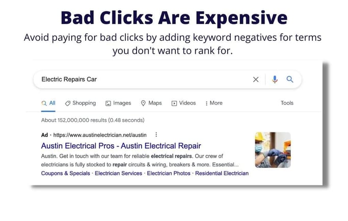 Bad Click Negative Keyword Example Electrician PPC
