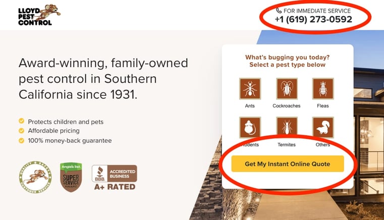 Pest Control Website CTAs Example