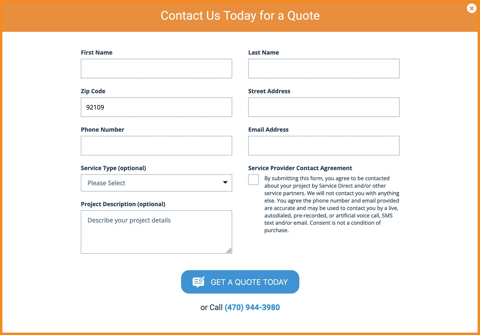 An example of a multi-field lead form for service businesses