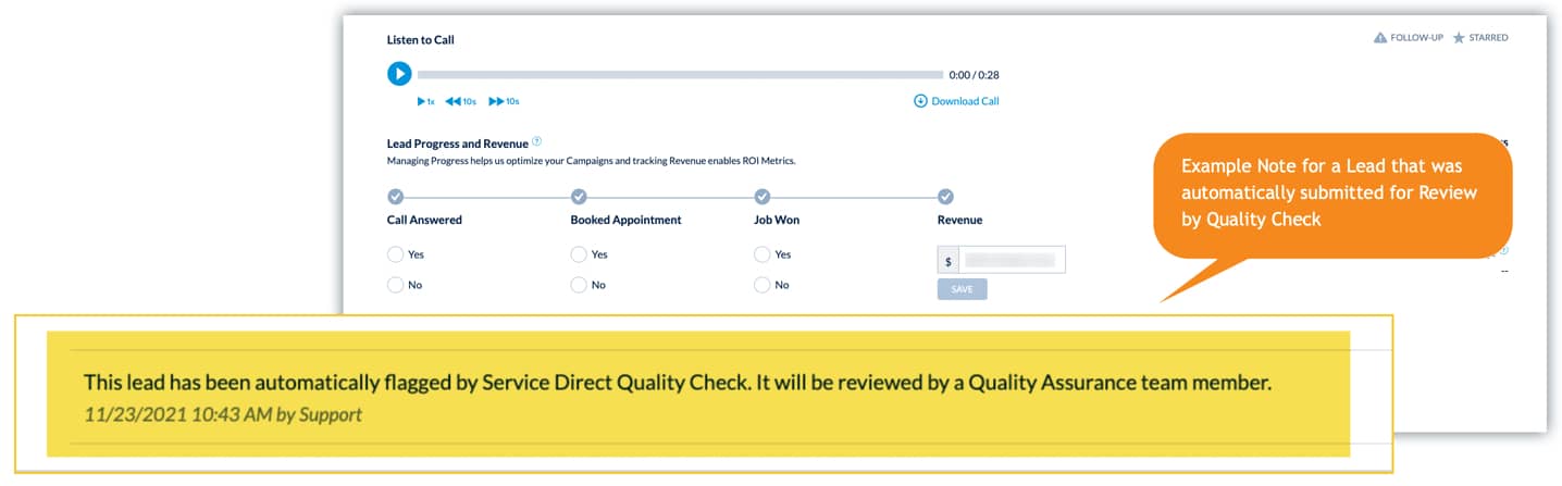Example Note From Quality Check in mySD Leads Manager
