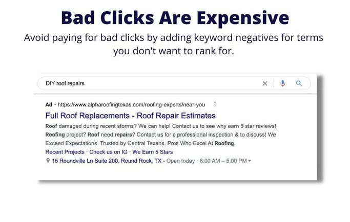Bad Click Negative Keyword Example Roofing PPC