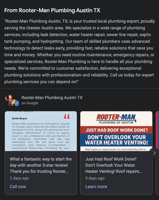 Rooter-Man Plumbing Austin Texas screenshot of about page on Google Business Profile