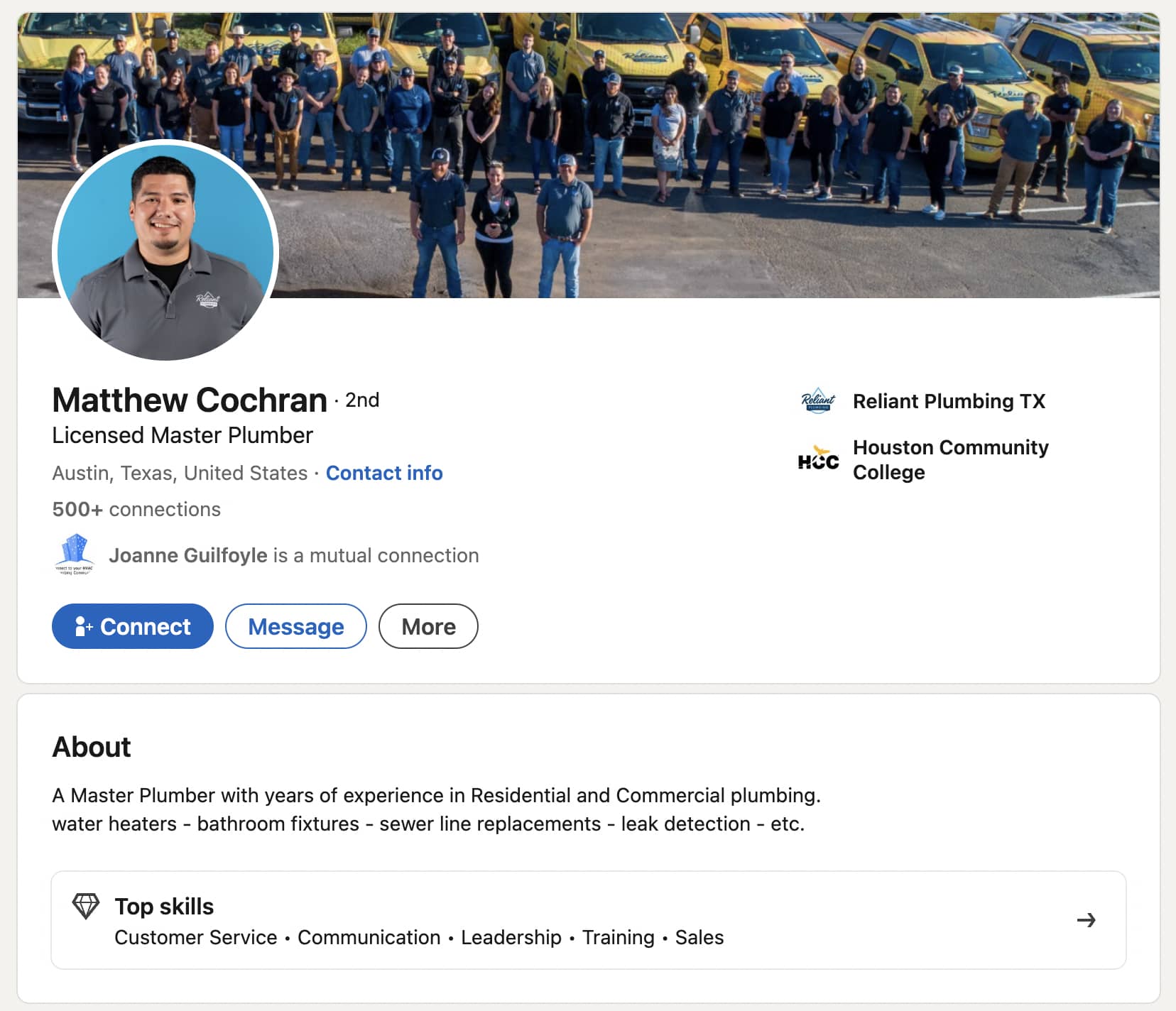 Screenshot of Master plumber LinkedIn Profile