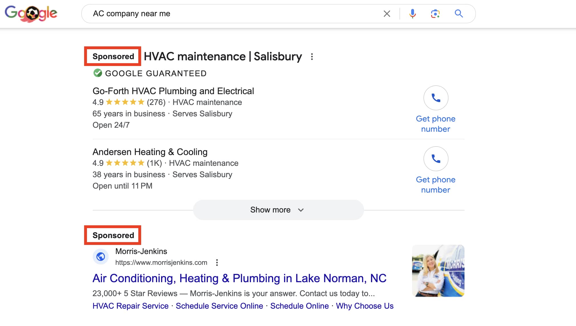 A screenshot of Google Results search for AC company near me showing the sponsored text on a paid ad.