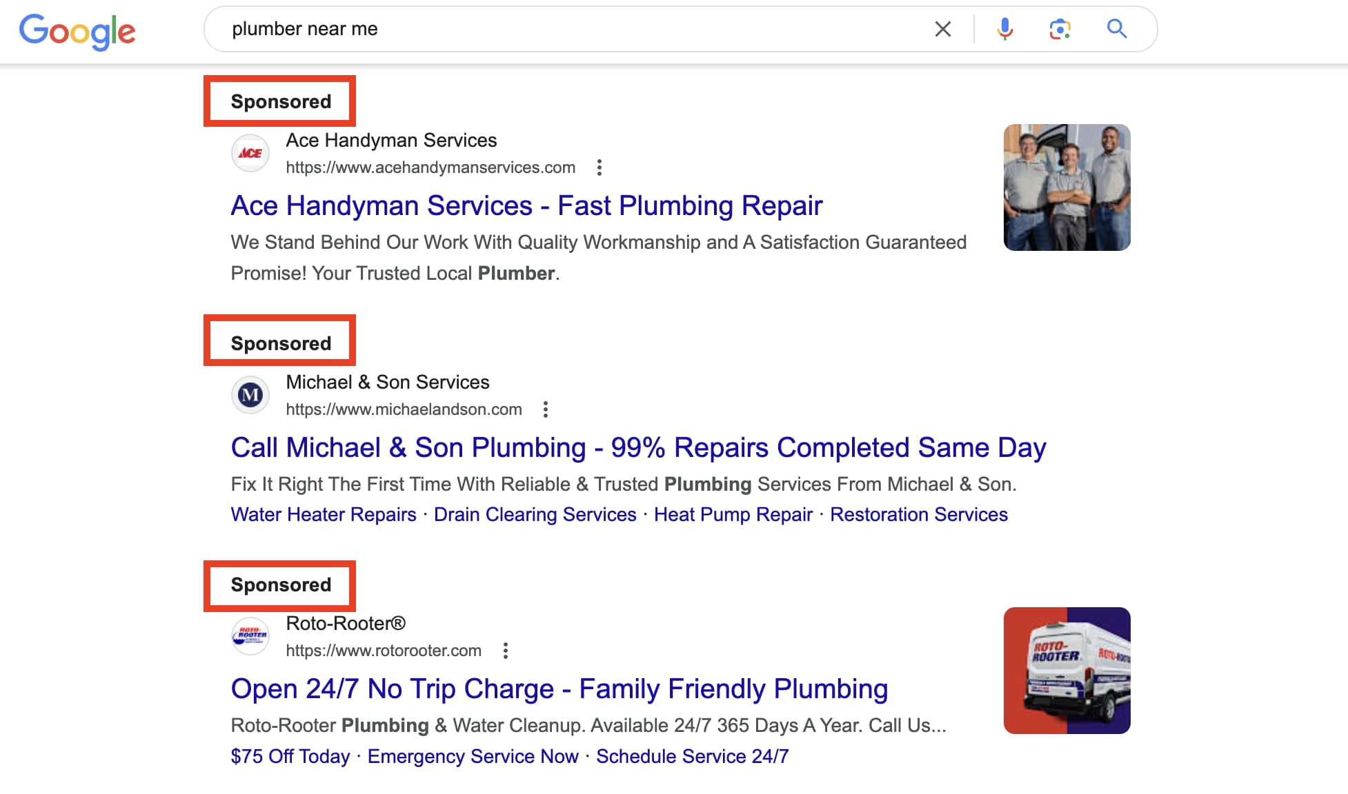 An image highlighting the "sponsored" text on paid ads in Google.