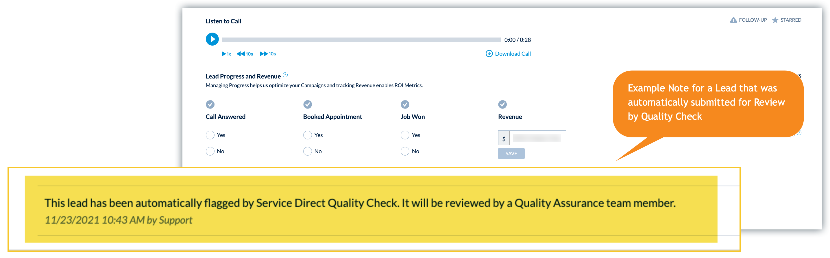 Example Note From Quality Check in mySD Leads Manager V2