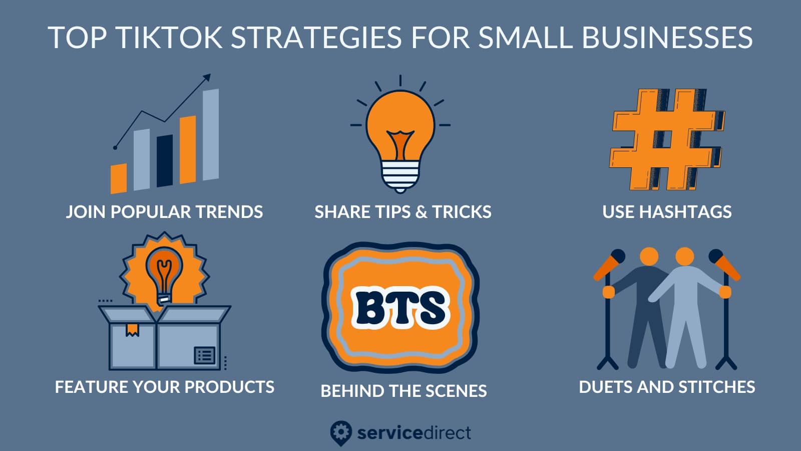 Top tiktok strategies for small businesses include sharing tips and tricks, using hashtags, behind the scenes videos, and duets.