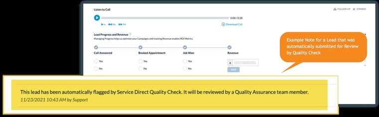 Example Note from Quality Check in mysd Leads Manager Roofing