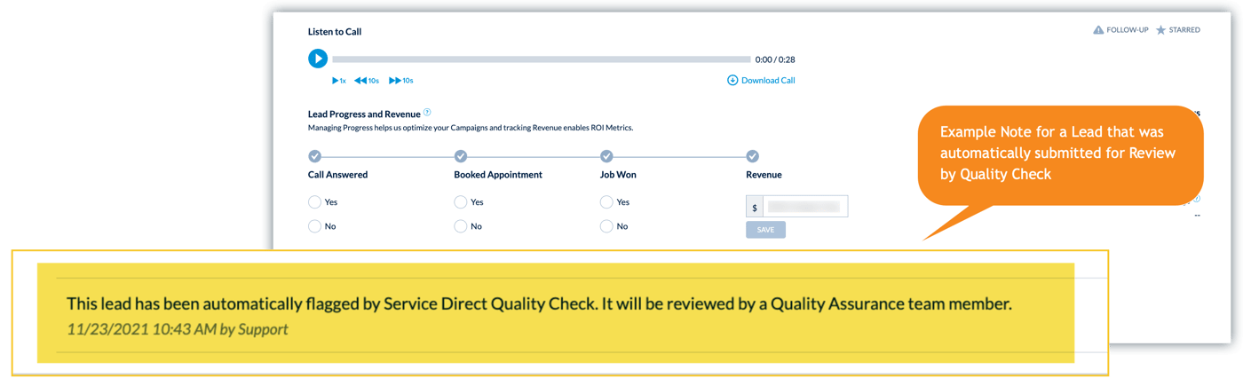 Example Note From Quality Check in mySD Leads Manager V2