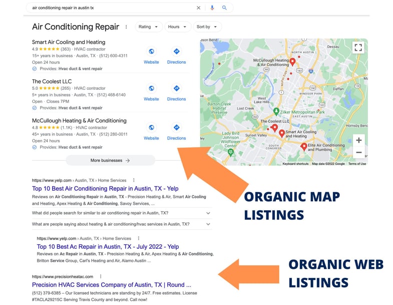 HVAC SEO Organic Web and Map Listings Example