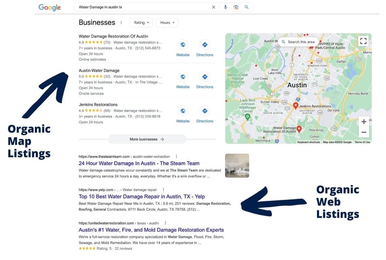 Water Damage Organic Search Result Listings