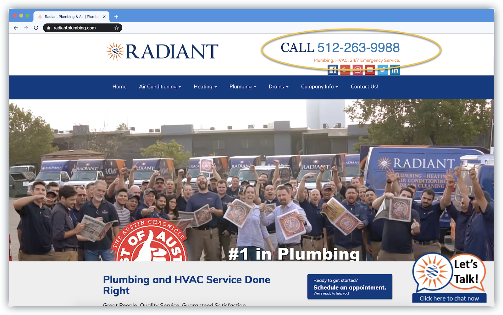 Example Website Phone Number CTA for Plumbing Company